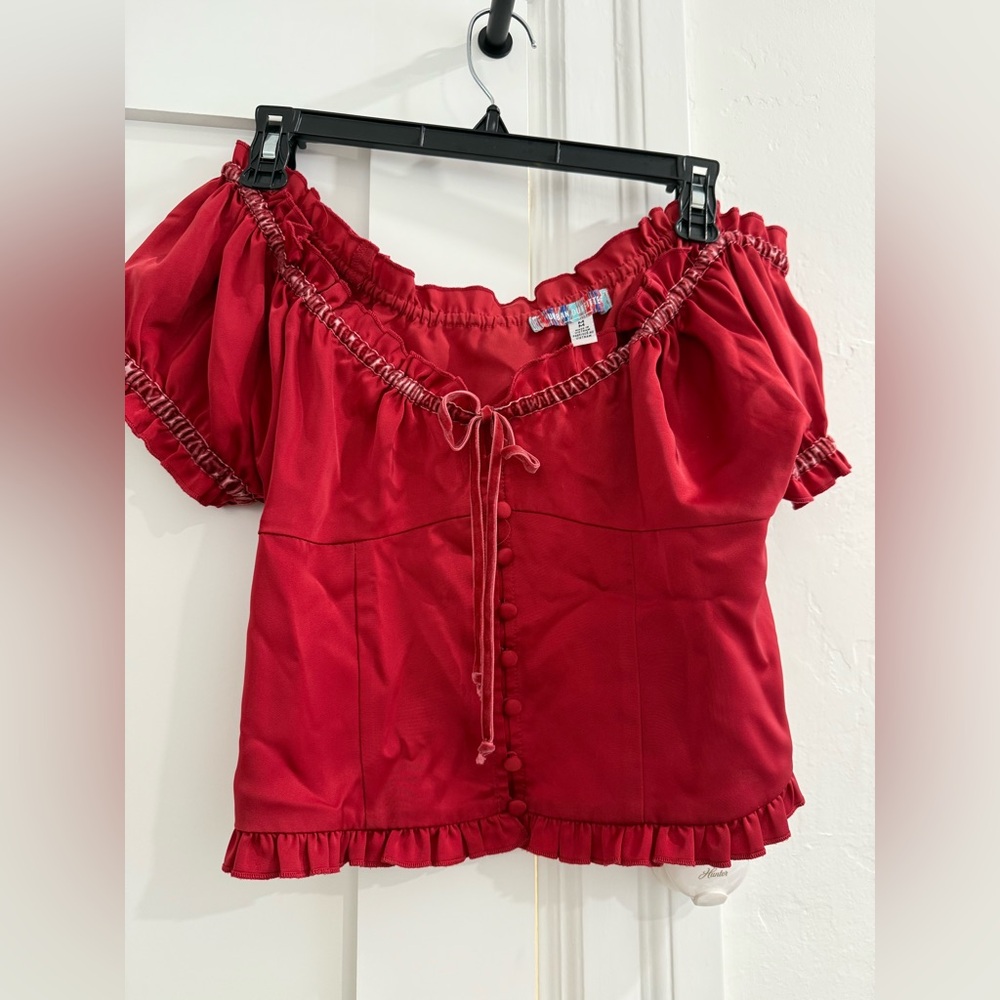 Urban Outfitters red puff sleeve top w/ velour ribbon + buttons